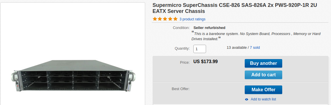 Screenshot of Ebay, showing a listing for a barebone Supermicro 826 chassis.