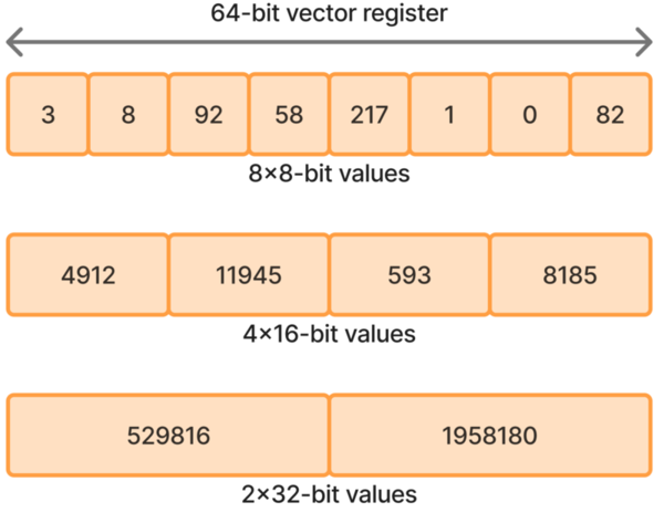 A 64-bit vector register, carrying either 8 lanes of 8-bit values, 4 lanes of 16-bit values, or 2 lanes of 32-bit values