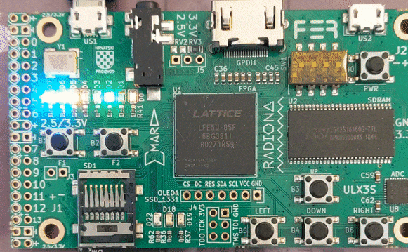 Video showing the ULX3S FPGA board. In the top right, a line of 8 LEDs are flashing rapidly.