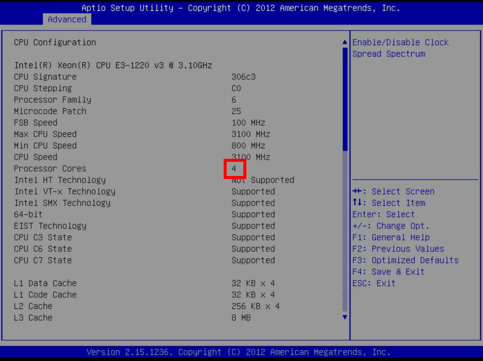 Screenshot of the Supermicro BIOS, showing that the CPU is operating normally.